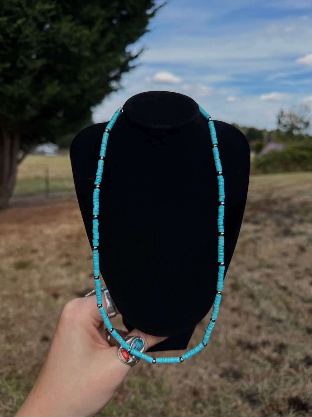 Genuine Turquoise Disc Beaded Necklace - Stainless Steel Pearls